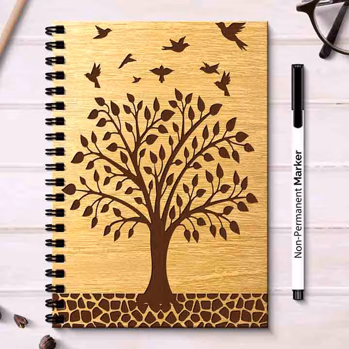 Cute Wooden Cover Reusable Diary with Pen A5