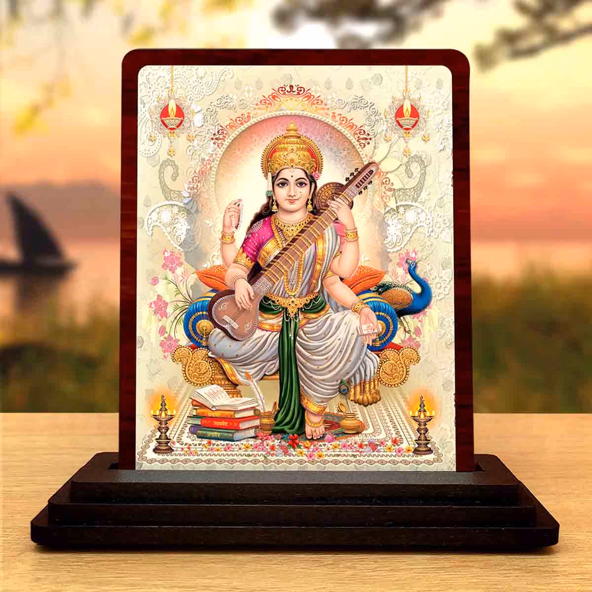 Maa Saraswati Wooden Idol 4x5 Inch for Home Decor