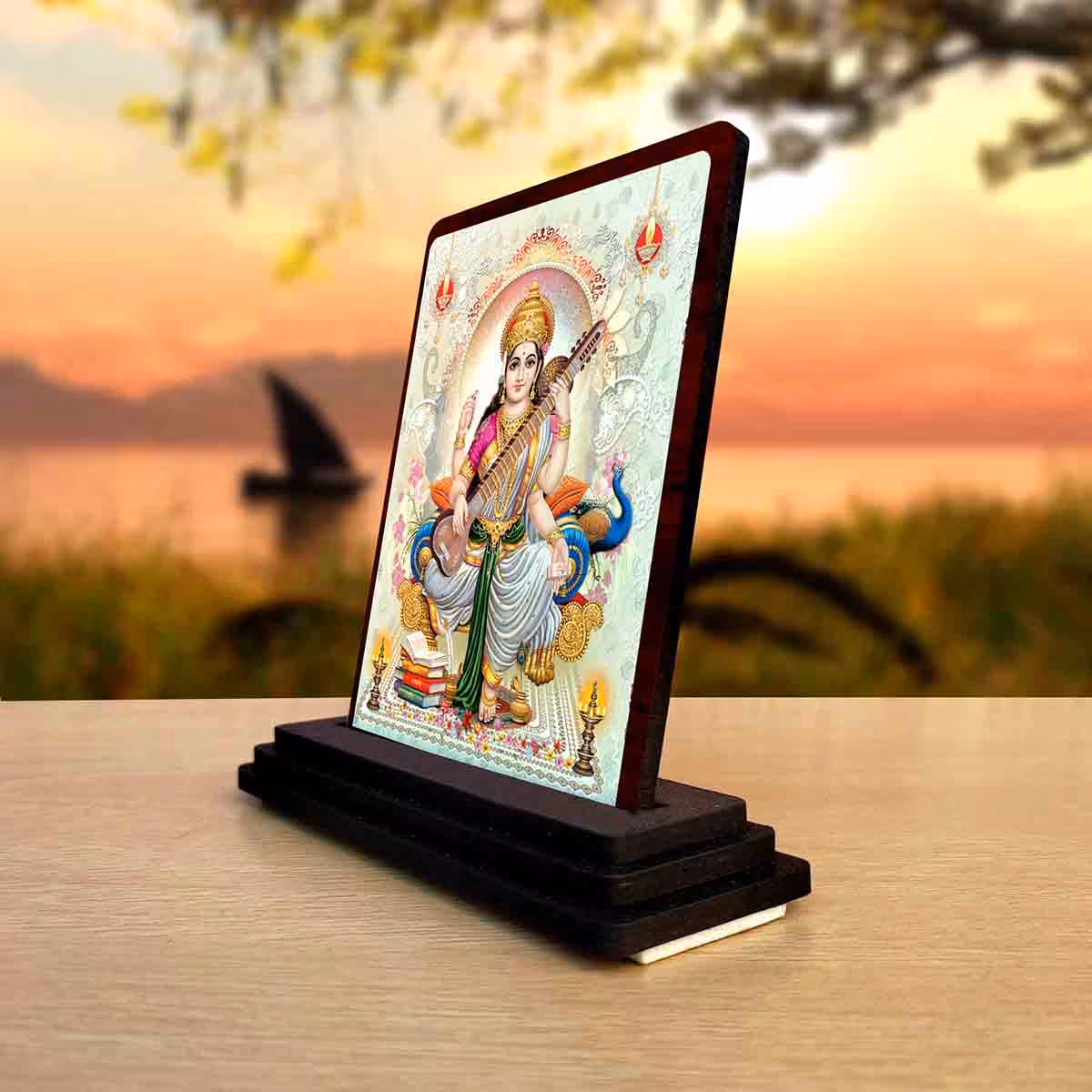 Maa Saraswati Wooden Idol 4x5 Inch for Home Decor
