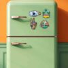 Travel-themed fridge decor