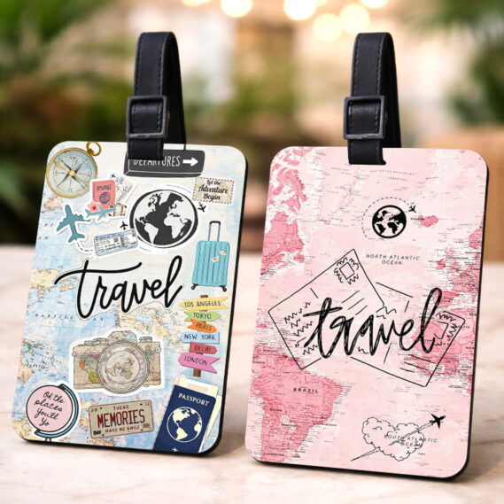Travel Postcard & Pink Passport Luggage Tags Set of 2