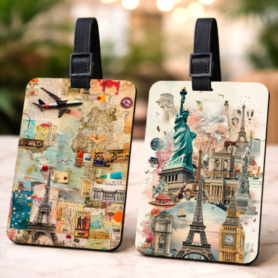 Travel Collage & Europe Landmarks Luggage Tags Set of 2