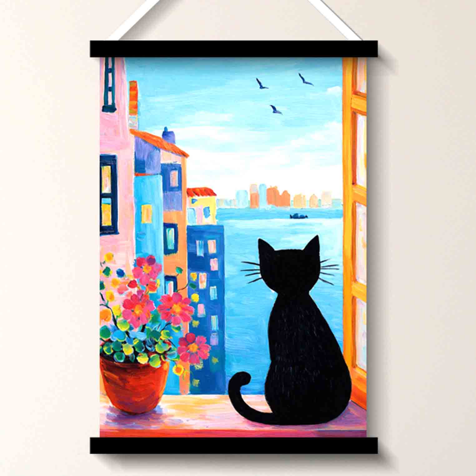 Cat Window Sunset Wall Art Painting