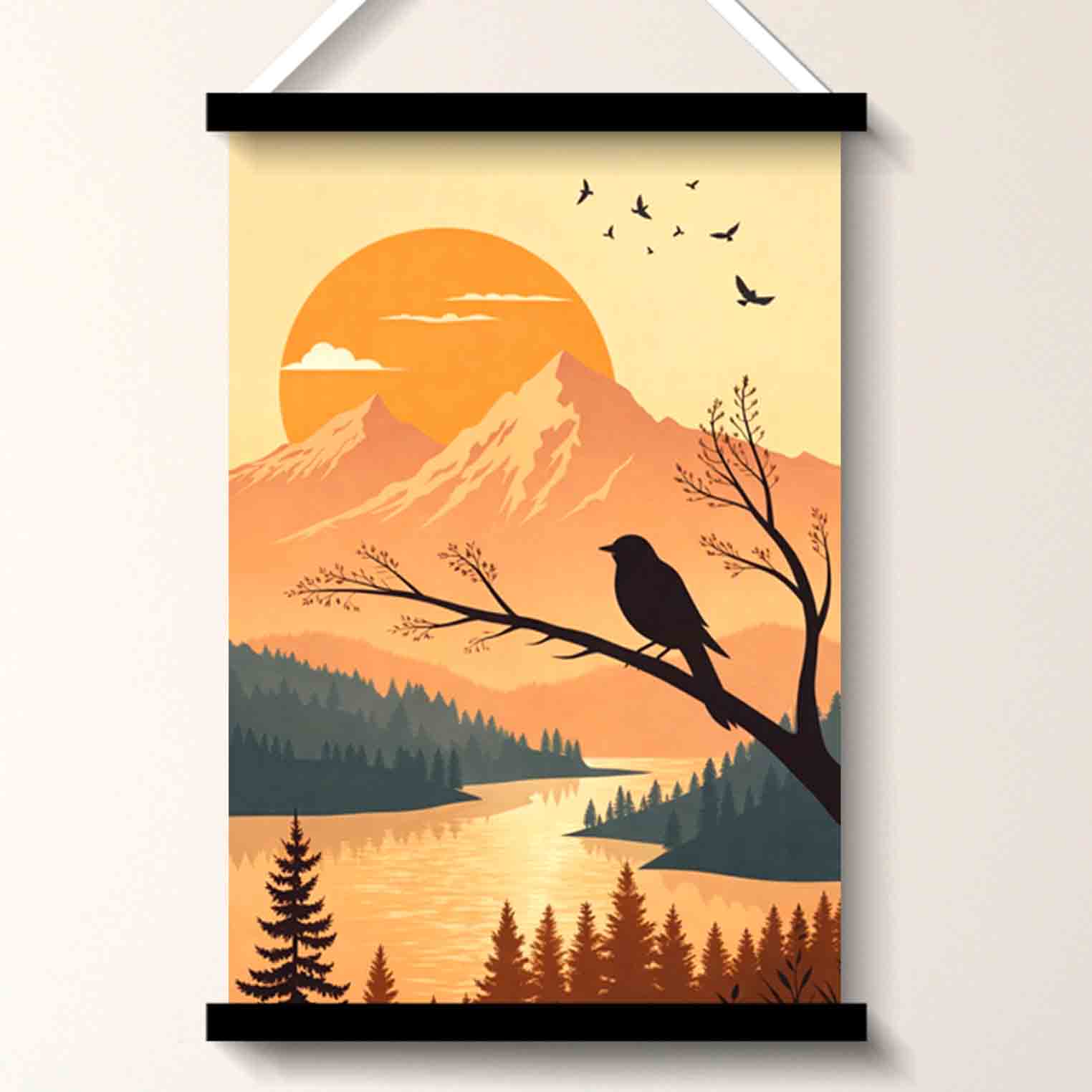 Sunset Bird Mountain Wall Art Painting