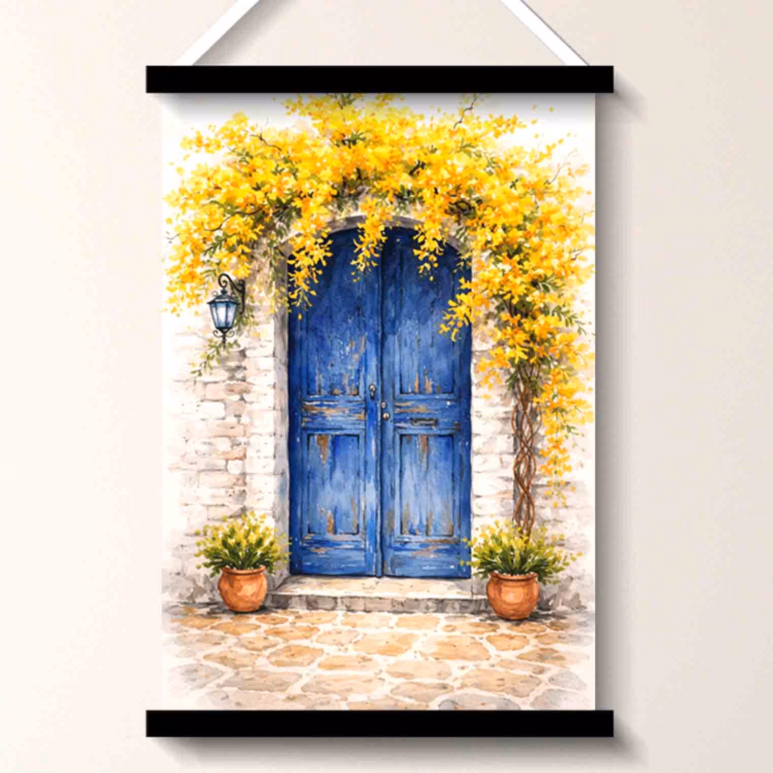 Blue door and yellow flowers wall art painting