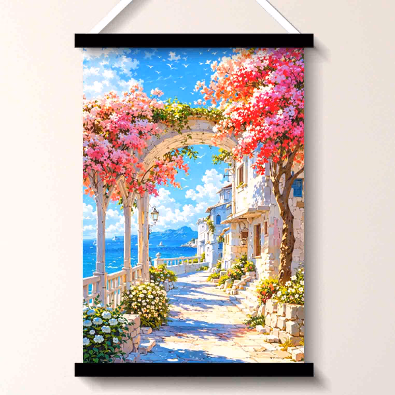 Floral seaside archway wall art painting with ocean view