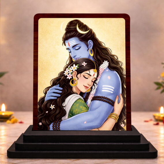 Sacred Portrait Shiv Parvati Wooden Table Idol 3 x 4 Inch HD Printed Decorative Piece
