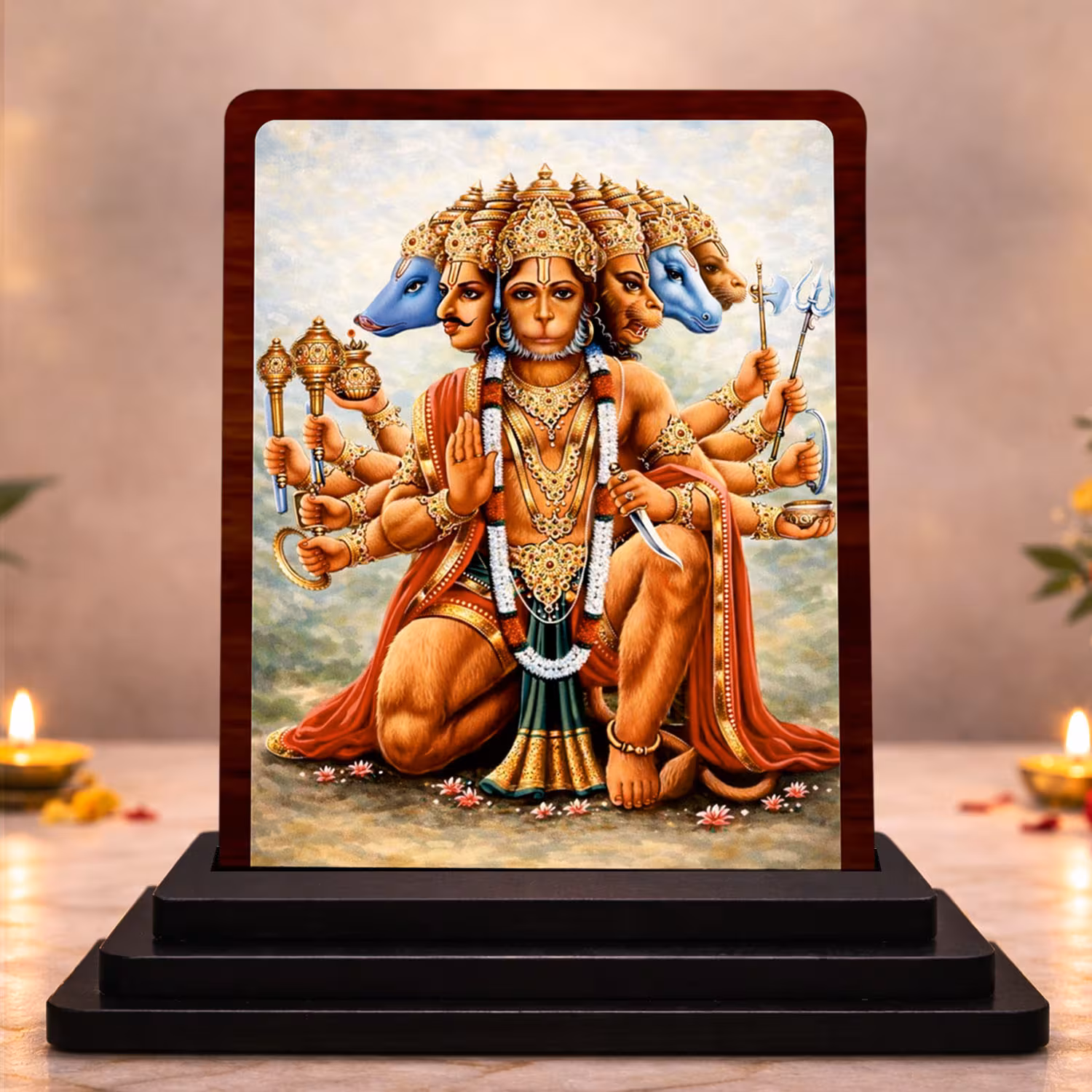 Panchmukhi Hanuman Wooden Idol 3x4 Inch HD Printed Table Decor for Home Temple Traditional Pooja