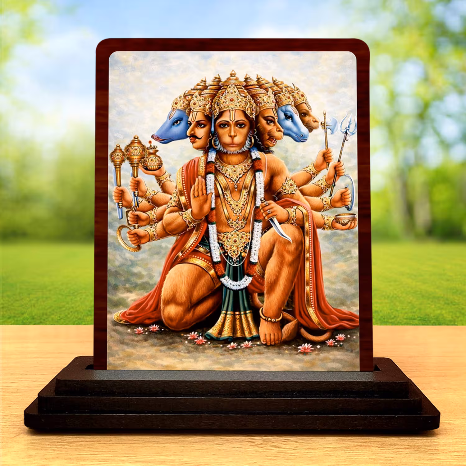 Panchmukhi Hanuman Wooden Idol 3x4 Inch HD Printed Table Decor for Home Temple Traditional Pooja
