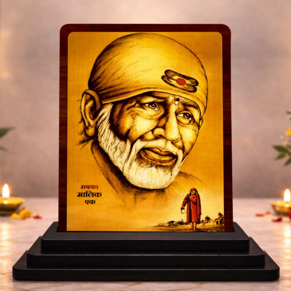 Sai Baba Heritage Artwork Wooden Idol 3x4 Inch HD Printed Table Decor for Home Temple