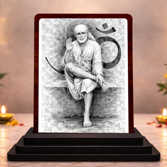 HD Printed Sai Baba Wooden Idol 3x4 Inch Ornate Frame Spiritual Showpiece