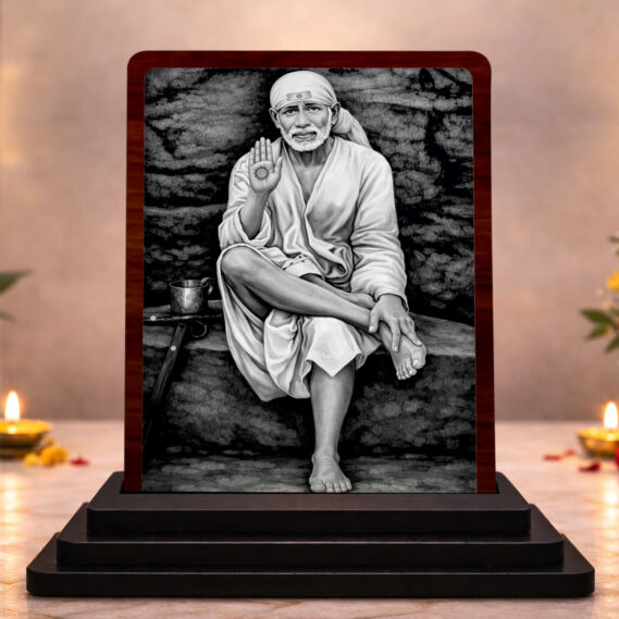 Sai Baba Temple Gift Wooden Idol 3x4 Inch HD Printed Table Decor for Home Temple