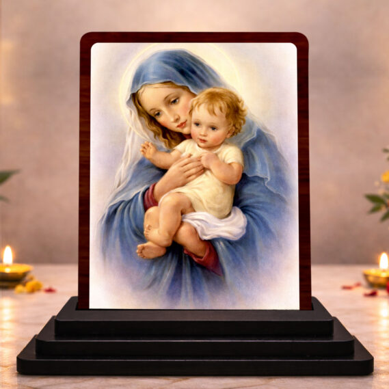 HD Printed Mother Mary with Child Wooden Idol 3x4 Inch Sacred Portrait Spiritual Showpiece