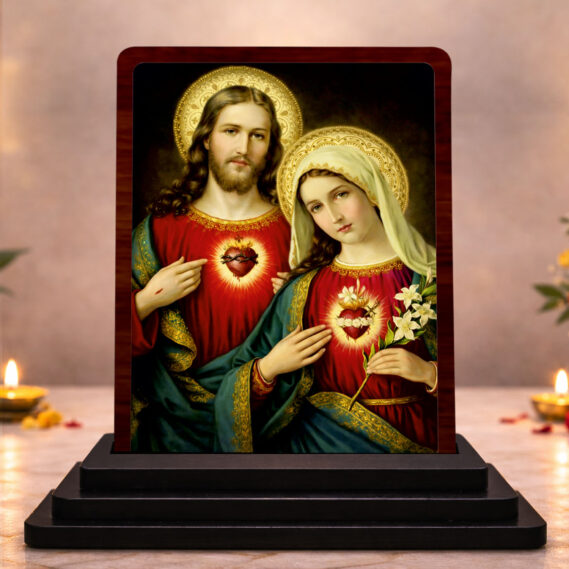 Jesus and Mother Mary Small Wooden Idol 3x4 Inch Auspicious Blessing HD Printed Home Decor