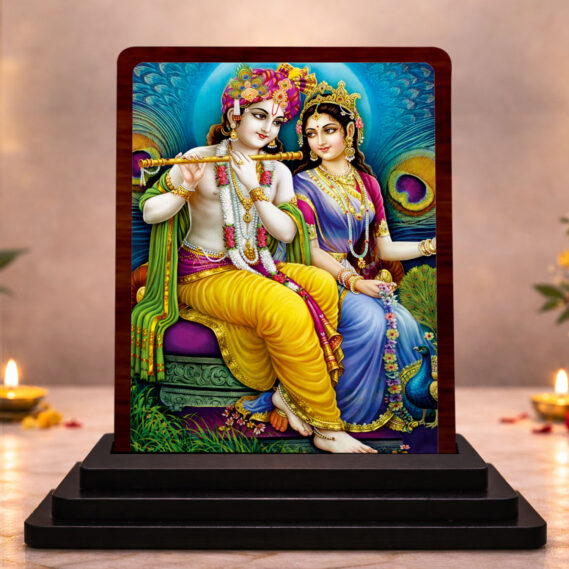Radha Krishna Spiritual Art Wooden Idol 3x4 Inch HD Printed Table Decor for Home Temple