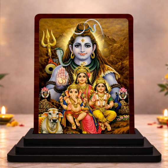 Traditional Pooja Shiv Parivar Wooden Table Idol 3 x 4 Inch HD Printed Decorative Piece