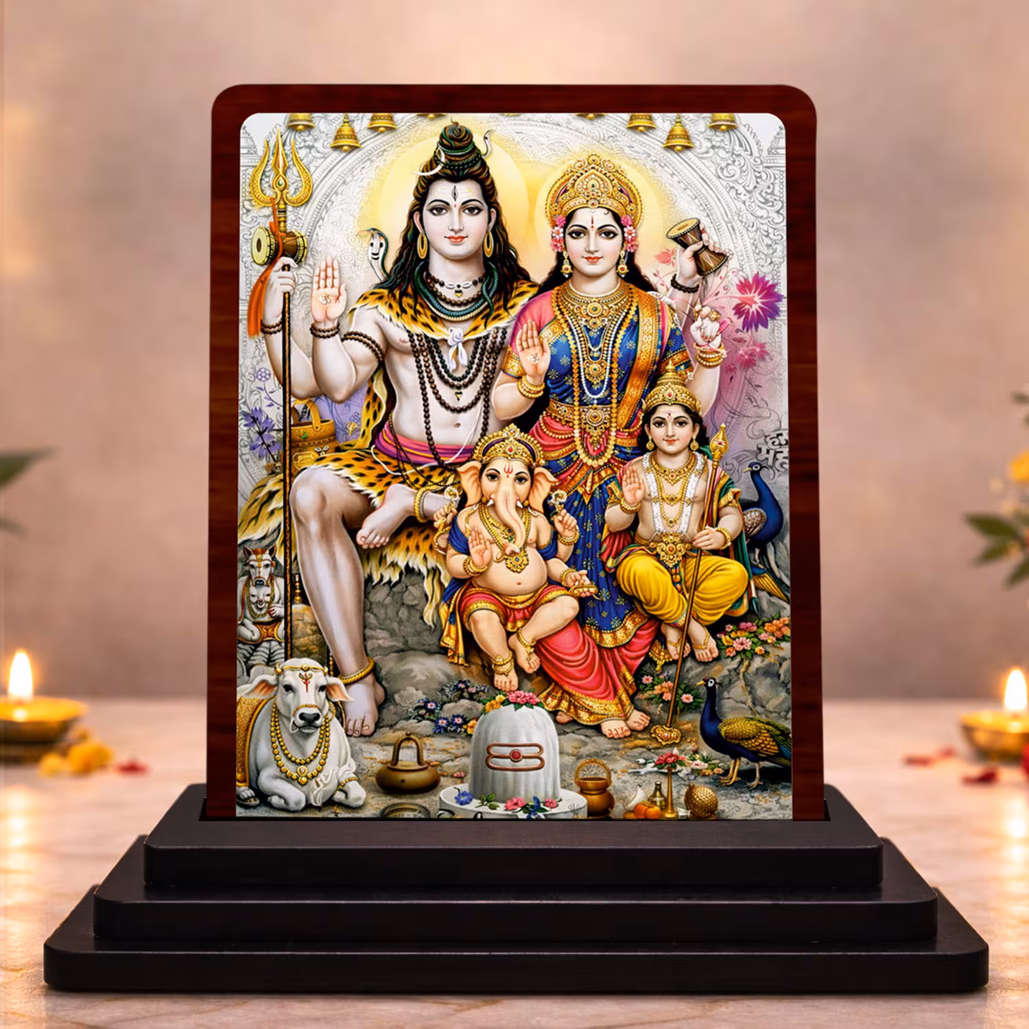Shiv Parivar Wooden Idol 3x4 Inch HD Printed for Pooja Room Divine Grace