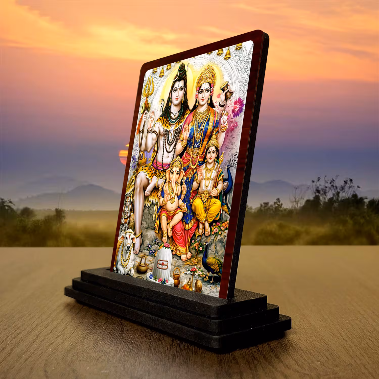 Shiv Parivar Wooden Idol 3x4 Inch HD Printed for Pooja Room Divine Grace