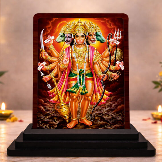 Panchmukhi Hanuman Small Wooden Idol 3x4 Inch Golden Glow HD Printed Home Decor