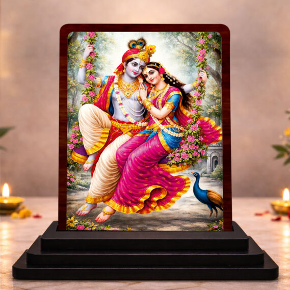 Radha Krishna Ornate Frame Wooden Idol 3x4 Inch HD Printed Table Decor for Home Temple
