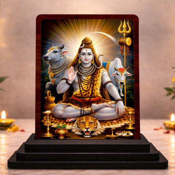 Temple Gift Lord Shiva Wooden Table Idol 3 x 4 Inch HD Printed Decorative Piece