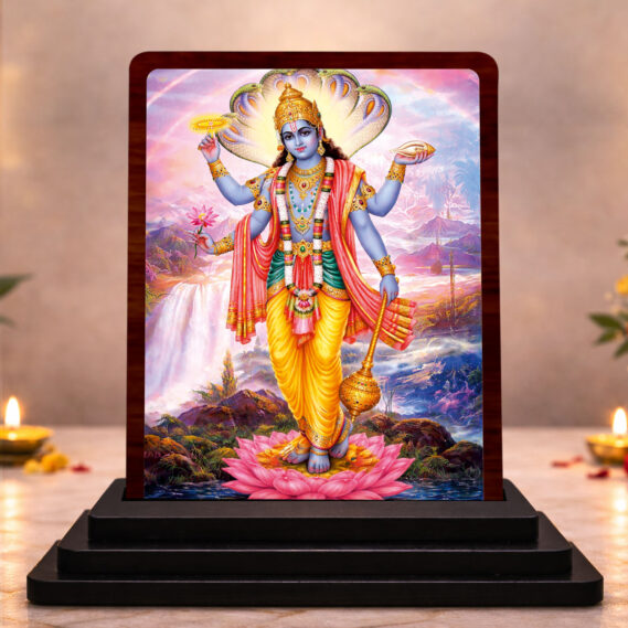 Spiritual Art Lord Vishnu Wooden Table Idol 3 x 4 Inch HD Printed Decorative Piece