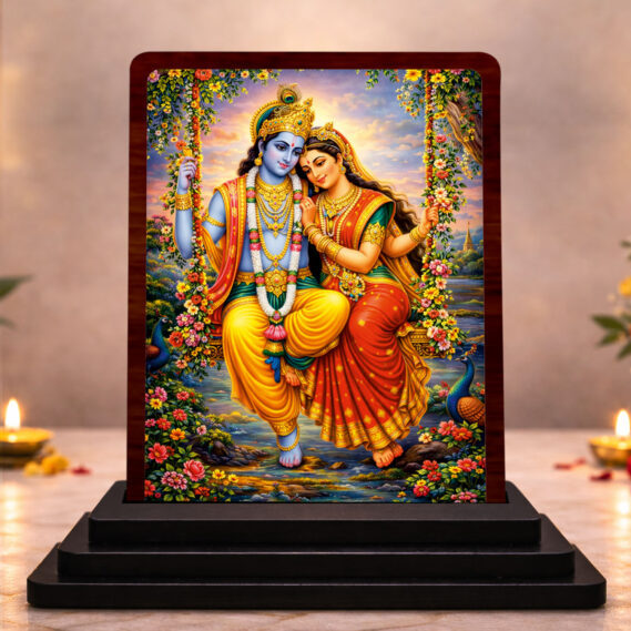 Radha Krishna Wooden Idol for Pooja Room 3x4 Inch HD Printed Elegant Bhakti Decor