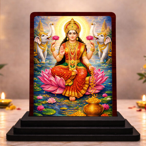 HD Printed Maa Lakshmi Wooden Idol 3x4 Inch Traditional Pooja Spiritual Showpiece