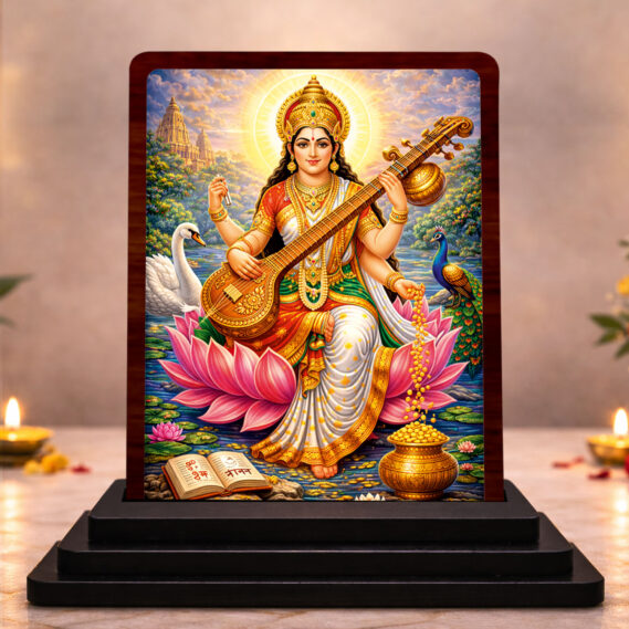 Maa Saraswati Small Wooden Idol 3x4 Inch Divine Grace HD Printed Home Decor