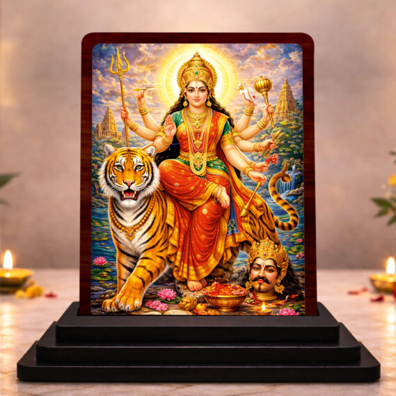 Durga Mata Festive Worship Wooden Idol 3x4 Inch HD Printed Table Decor for Home Temple