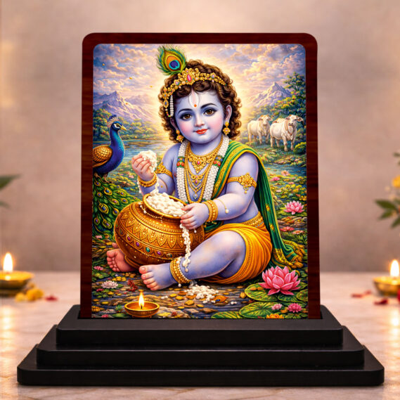 Royal Darshan Bal Krishna Wooden Table Idol 3 x 4 Inch HD Printed Decorative Piece