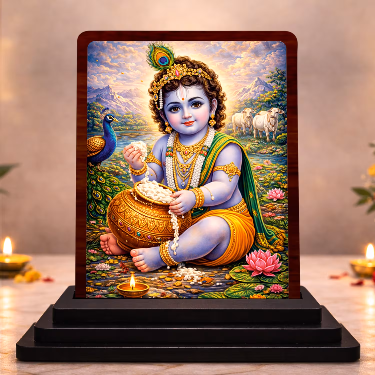 Bal Krishna Wooden Idol 3x4 Inch HD Printed Table Decor for Home Temple Royal Darshan