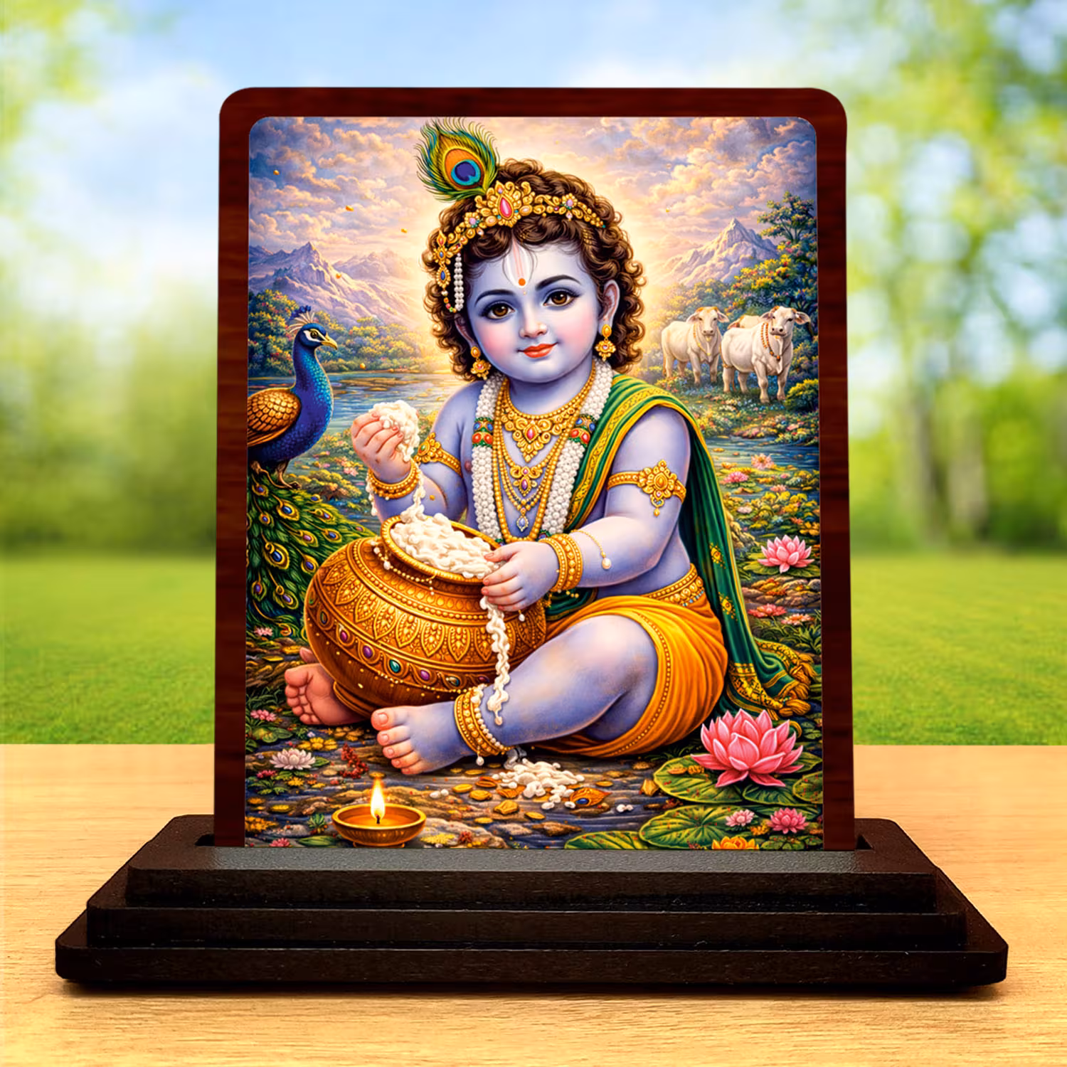 Bal Krishna Wooden Idol 3x4 Inch HD Printed Table Decor for Home Temple Royal Darshan