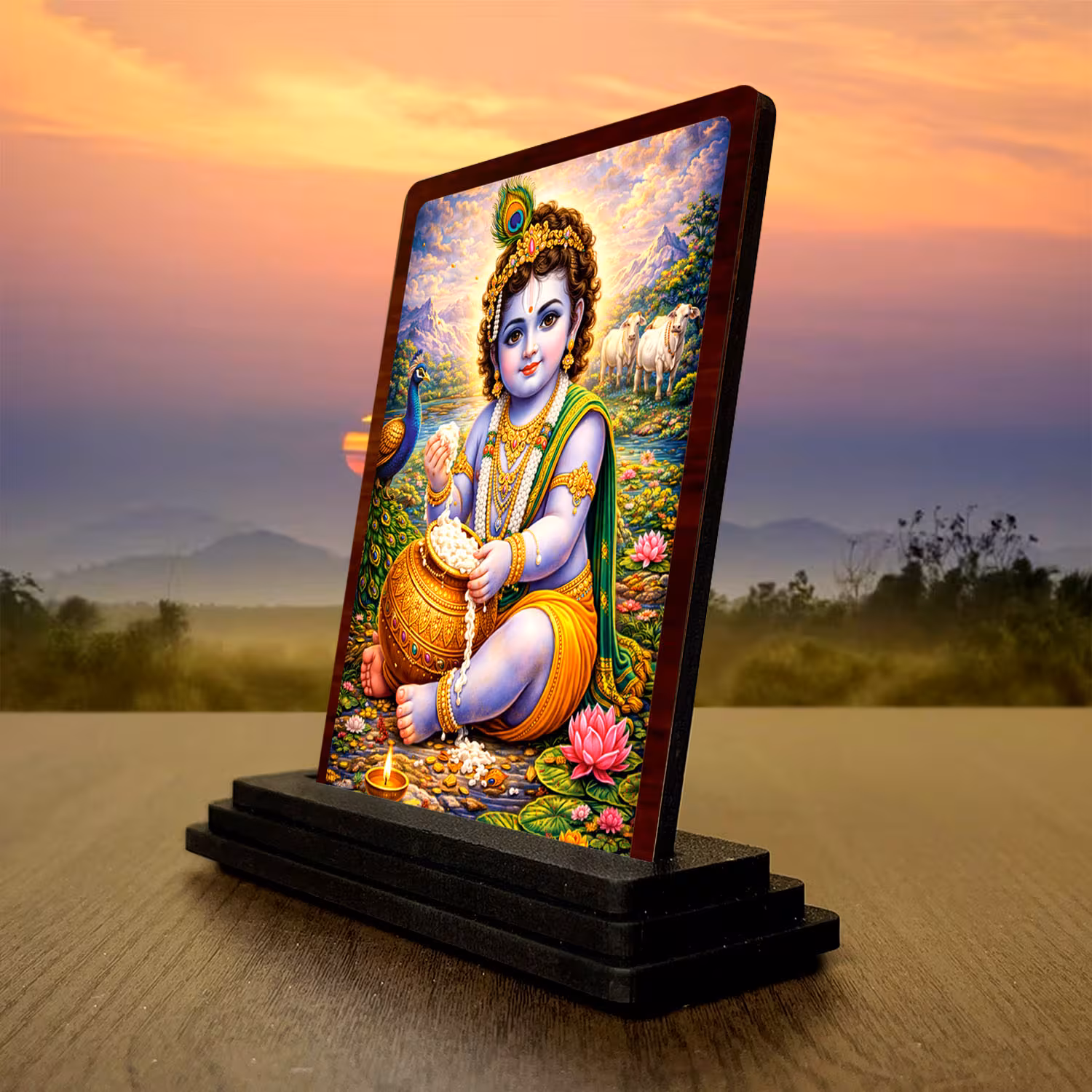 Bal Krishna Wooden Idol 3x4 Inch HD Printed Table Decor for Home Temple Royal Darshan