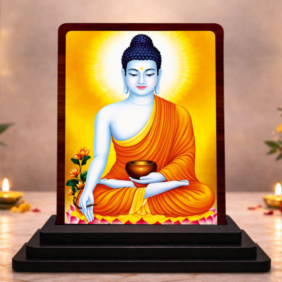 Buddha Small Wooden Idol 3x4 Inch Peaceful Aura HD Printed Home Decor