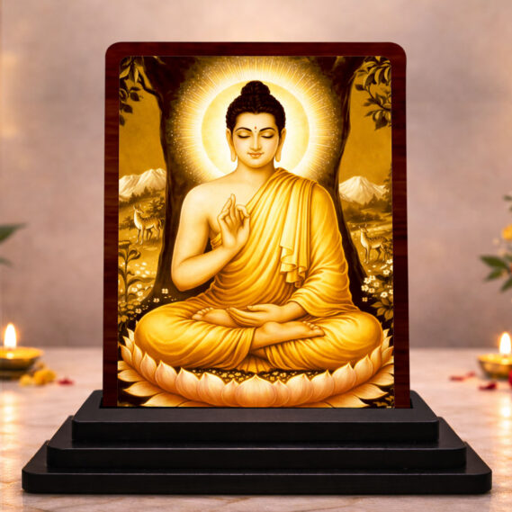 3x4 Inch Buddha Wooden Idol with HD Print | Golden Glow Desk & Temple Decor