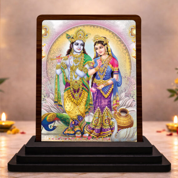 Festive Worship Radha Krishna Wooden Table Idol 3 x 4 Inch HD Printed Decorative Piece