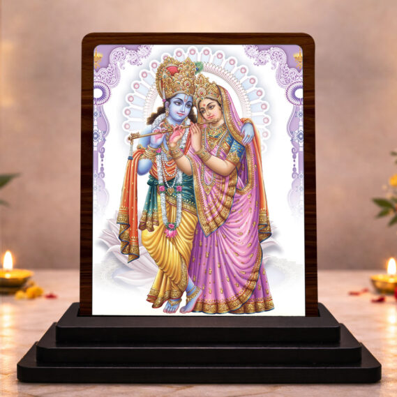 HD Printed Radha Krishna Wooden Idol 3x4 Inch Royal Darshan Spiritual Showpiece