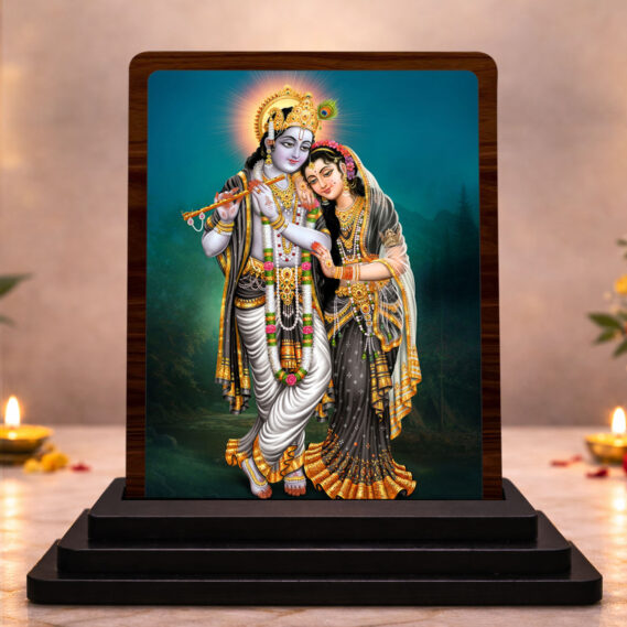 Radha Krishna Small Wooden Idol 3x4 Inch Vibrant Devotion HD Printed Home Decor