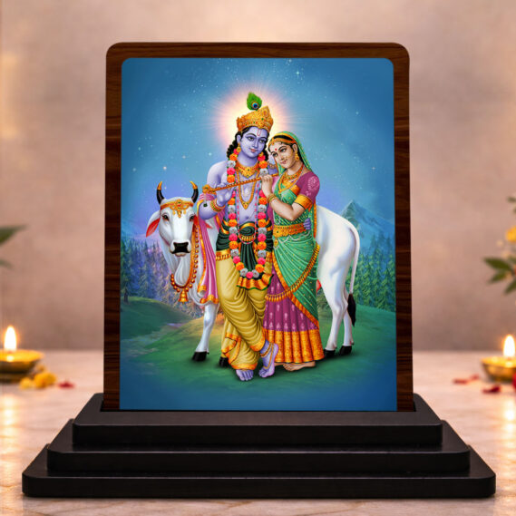 Krishna with Cow Heritage Artwork Wooden Idol 3x4 Inch HD Printed Table Decor for Home Temple