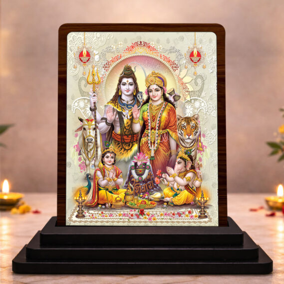 3x4 Inch Shiv Parivar Wooden Idol with HD Print | Peaceful Aura Desk & Temple Decor