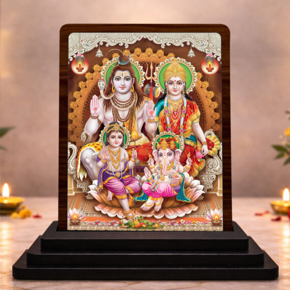 Timeless Prayer Shiv Parivar Wooden Table Idol 3 x 4 Inch HD Printed Decorative Piece