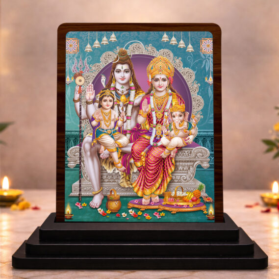 Shiv Parivar Wooden Idol for Pooja Room 3x4 Inch HD Printed Golden Glow Decor