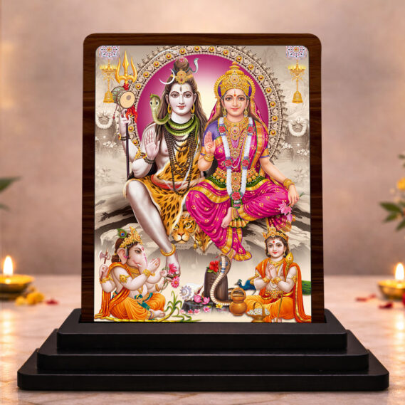 HD Printed Shiv Parivar Wooden Idol 3x4 Inch Ornate Frame Spiritual Showpiece
