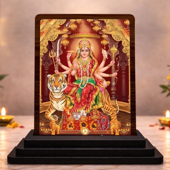 Classic Devotional Durga Mata Wooden Table Idol 3 x 4 Inch HD Printed Decorative Piece
