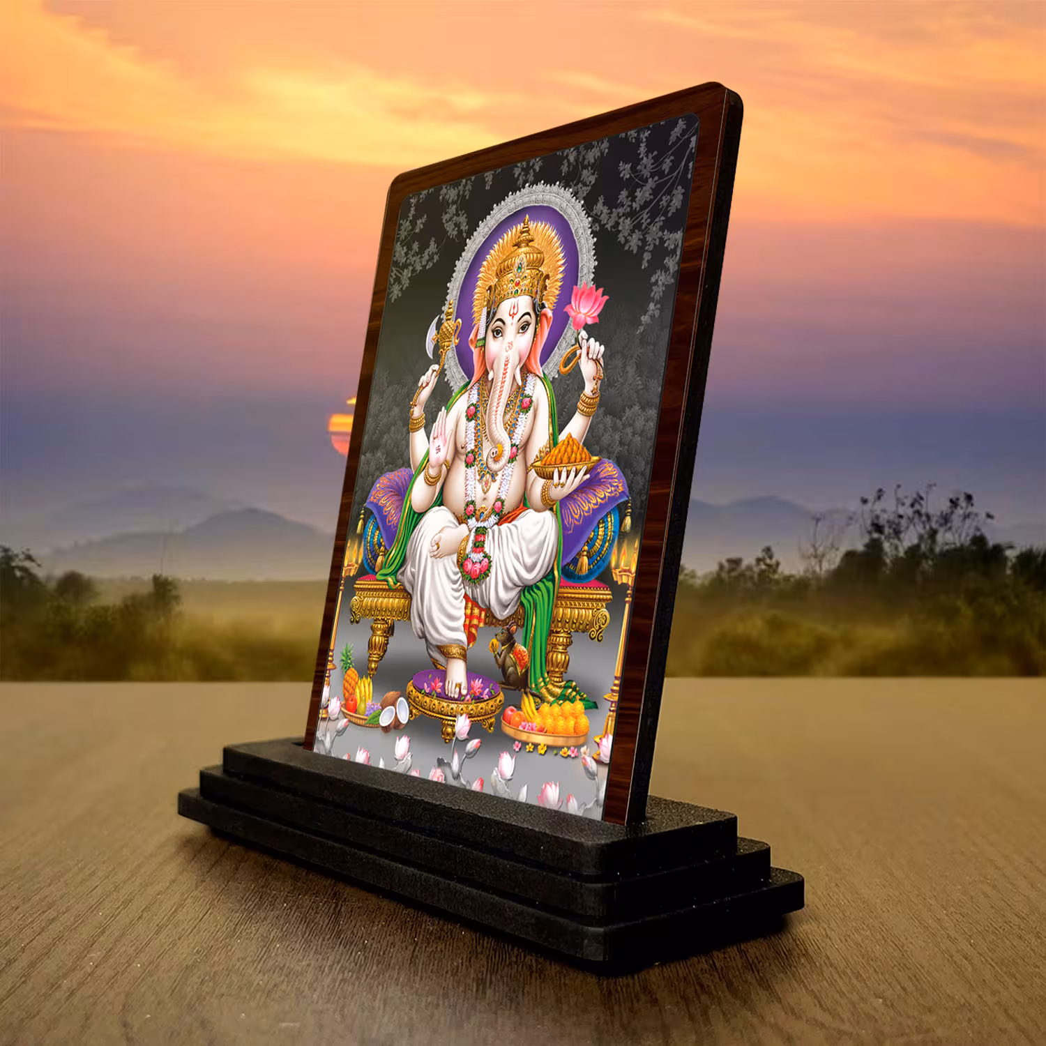 Lord Ganesha Wooden Idol 3x4 Inch HD Printed Home Decor Serene Meditation