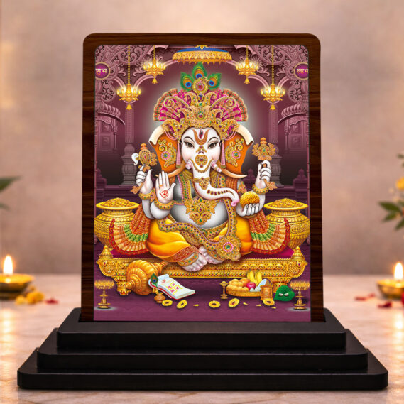 Lord Ganesha Royal Darshan Wooden Idol 3x4 Inch HD Printed Table Decor for Home Temple