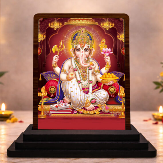 Heritage Artwork Lord Ganesha Wooden Table Idol 3 x 4 Inch HD Printed Decorative Piece