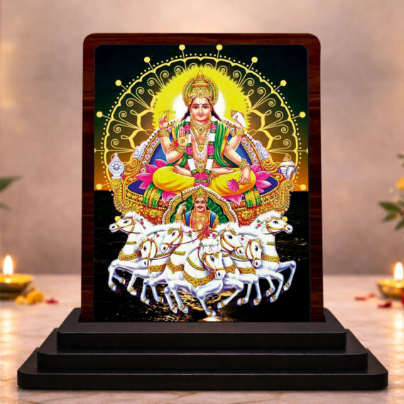Surya Dev Wooden Idol for Pooja Room 3x4 Inch HD Printed Peaceful Aura Decor
