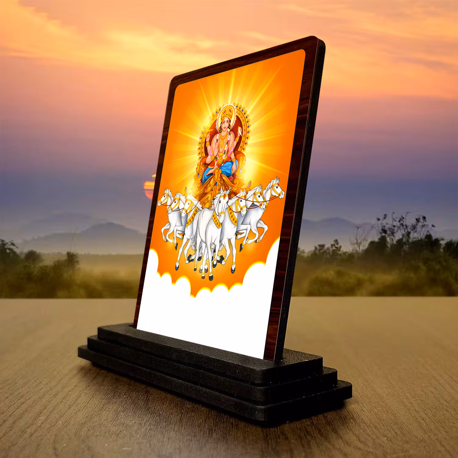 Surya Dev Wooden Idol 3x4 Inch HD Printed Spiritual Showpiece